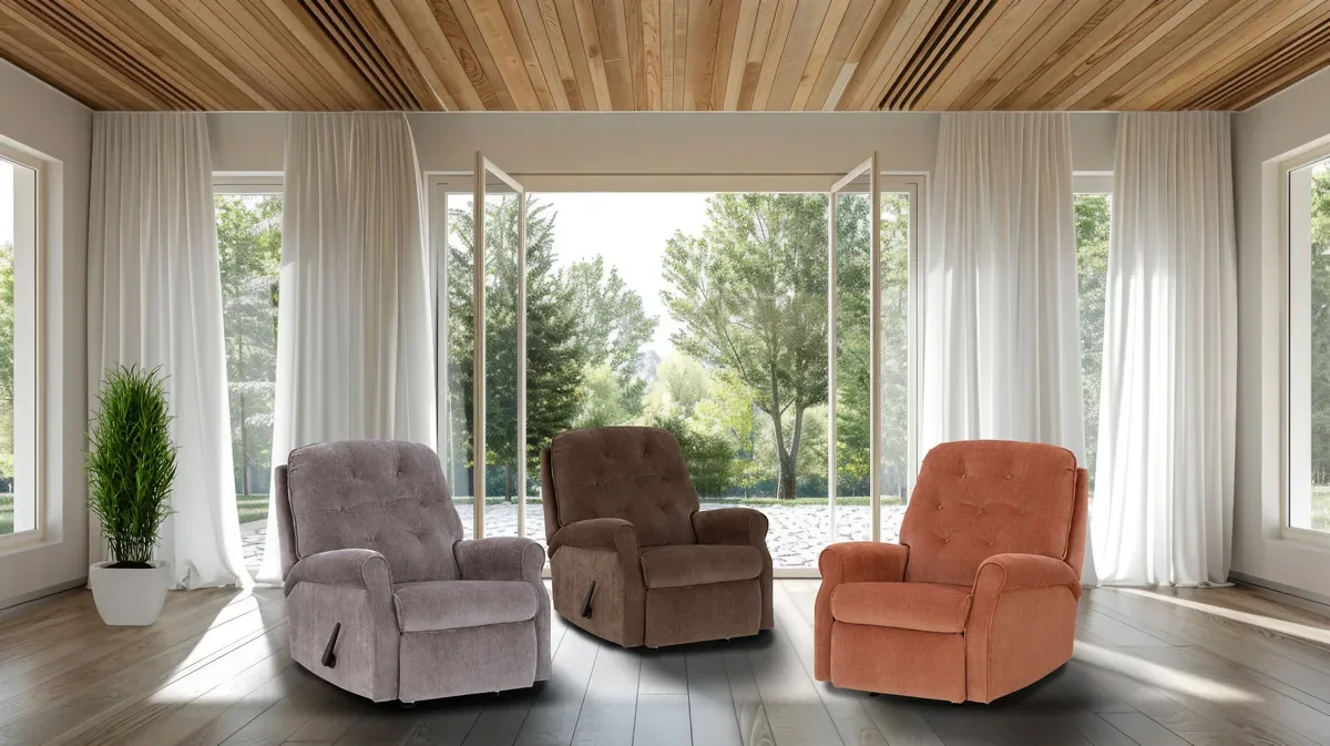 Model 237 rocker recliners in Slate, Brazil and Copper side by side in a bright room with a wood floor and garden doors