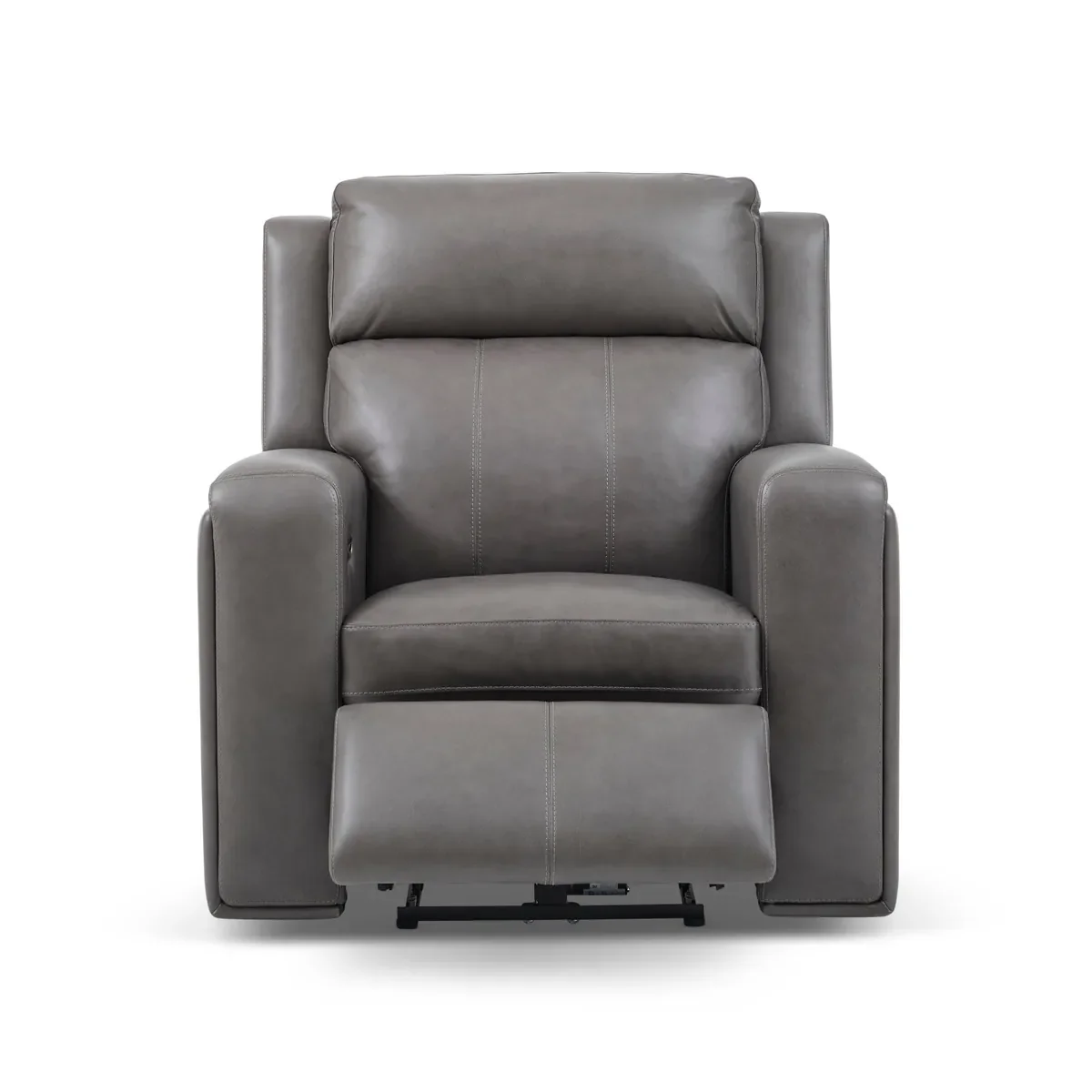 Wyatt Power Recliner in Black/Gray leather from the front with the footrest out