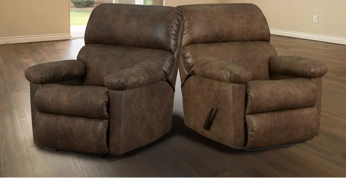 Model 185 recliners in Chocolate, on the left, and Tan, side by side in a bright living room with a wood floor and garden doors