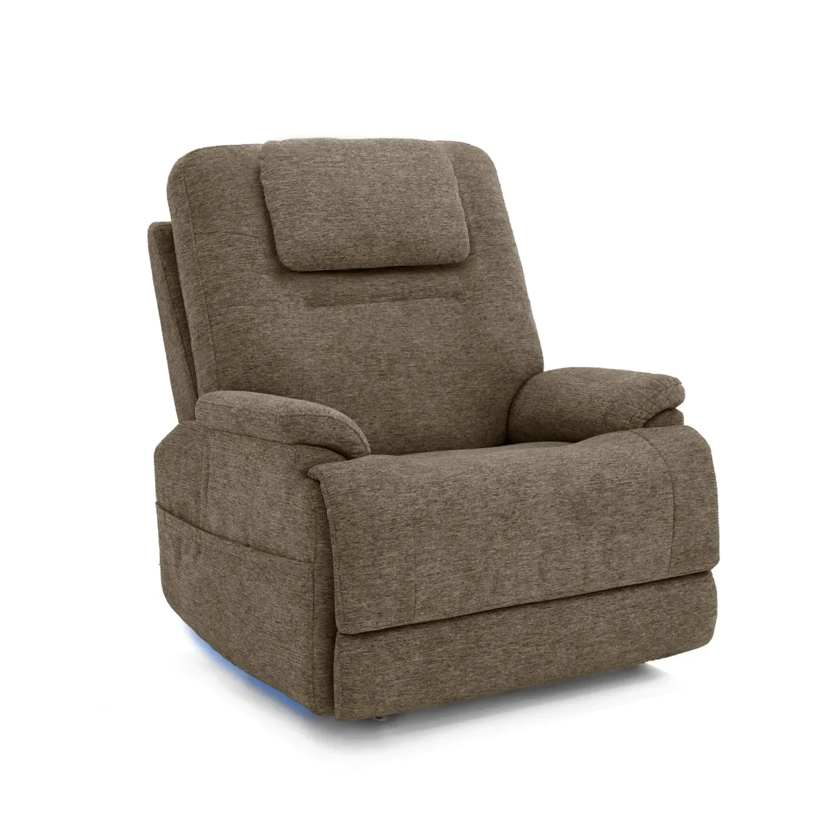 Flexsteel Zecliner Model 2+ power lift recliner in Toast fabric, upright, seen from the front at an angle