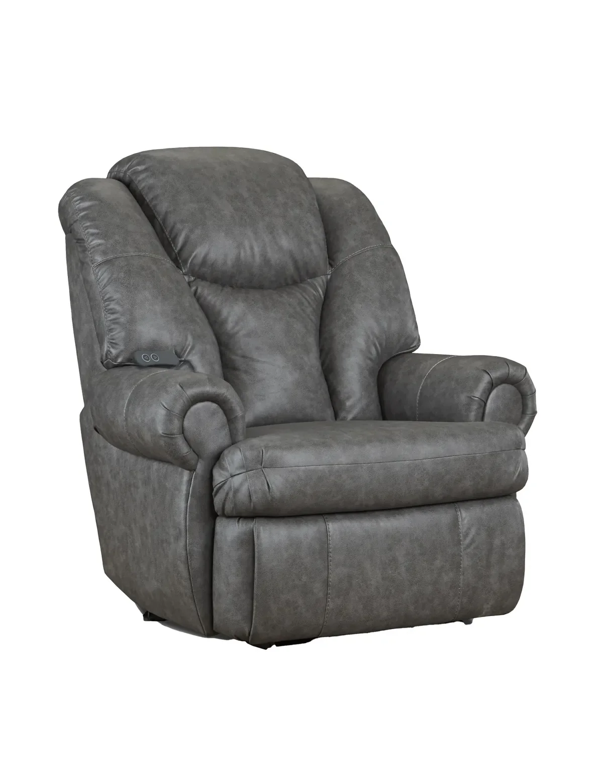 Model 227 Power Recliner in Charcoal, a medium grey cover, a big-and-tall recliner shown at an angle with the hand control on the inside of the arm