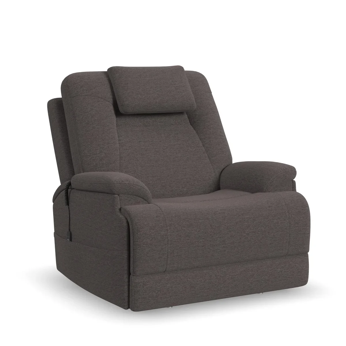 Flexsteel Zecliner Model 4+ power lift recliner in Umber fabric, upright, seen from the front at an angle