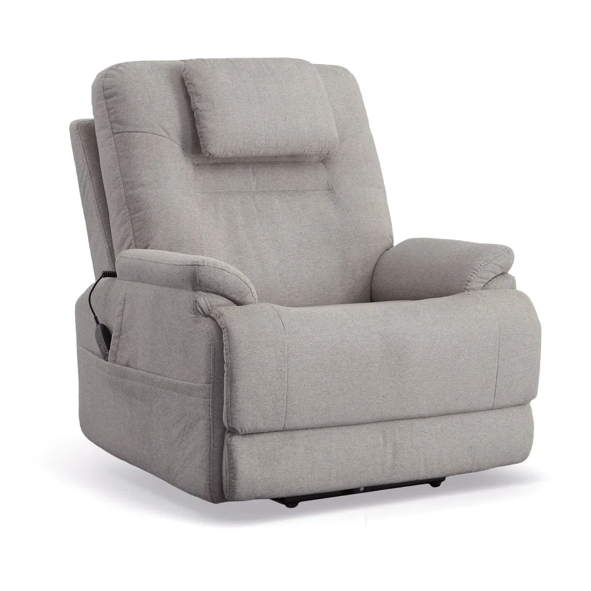 Flexsteel Zecliner Model 2+ power lift recliner in Dove fabric, upright, seen from the front at an angle