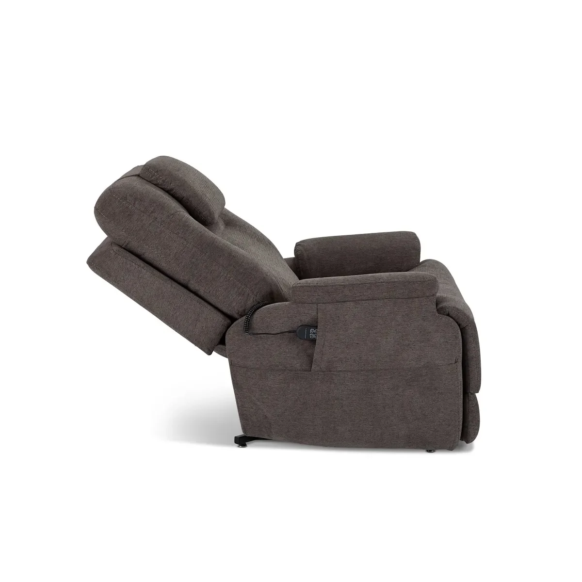 Zecliner Model 2+ in Umber, side view in full Zero Gravity recline with the legrest raised and the back laid back