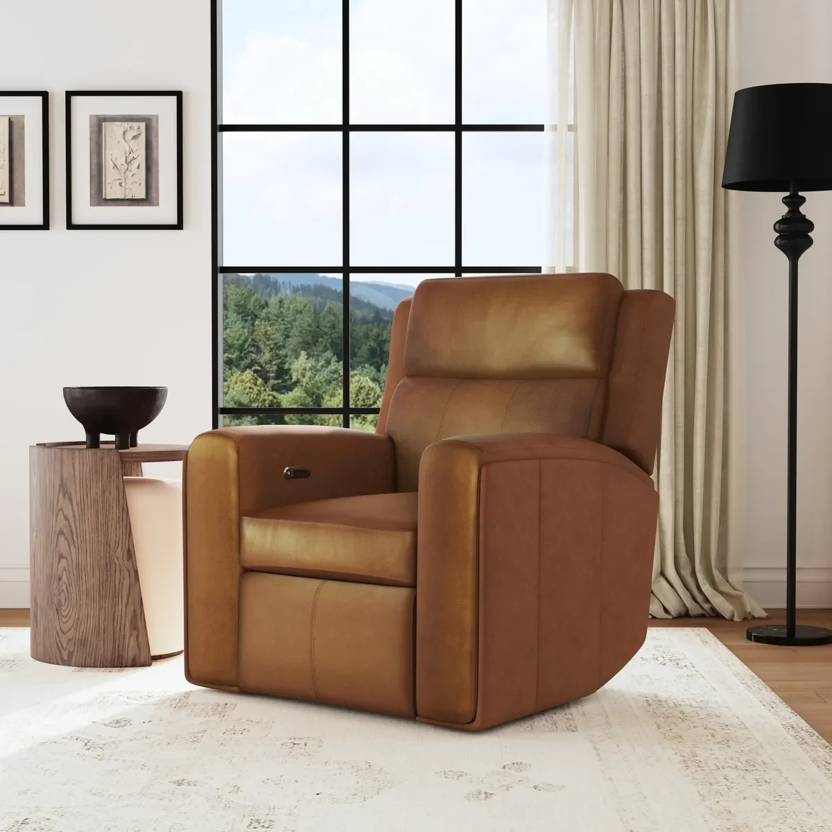 Wyatt Power Recliner in Canyon leather in a living room