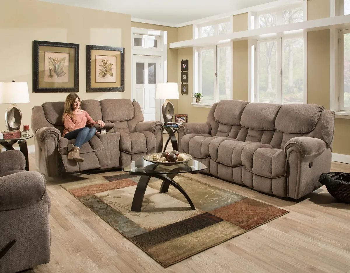 Model 122 reclining sofa group in Taupe in a living room