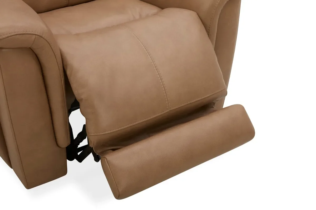 Close-up of the Ranger recliner's extended footrest in Oakridge leather