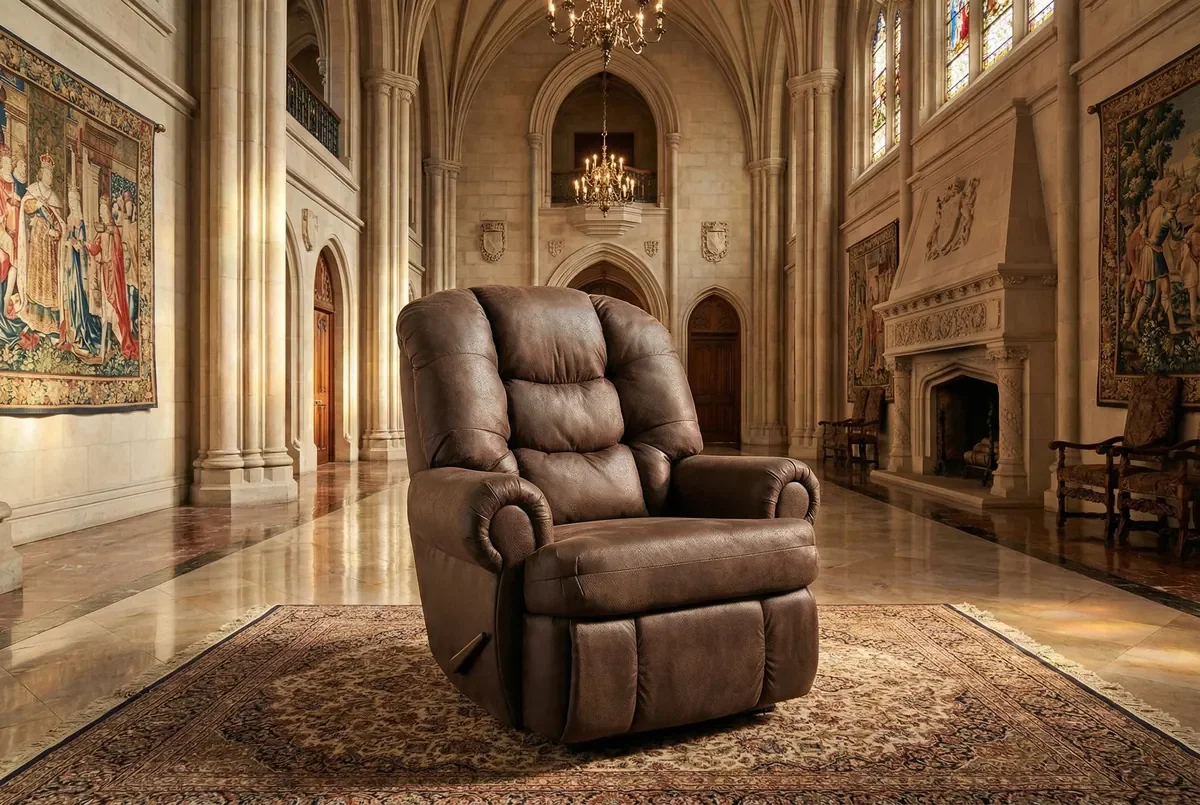 Model 231 big-and-tall recliner in Walnut on a patterned rug in a grand hall with stone arches