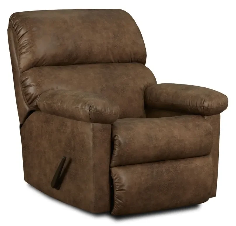 Model 185 recliner in Tan, a lighter warm brown cover, shown from the front at an angle with the pull handle on the side
