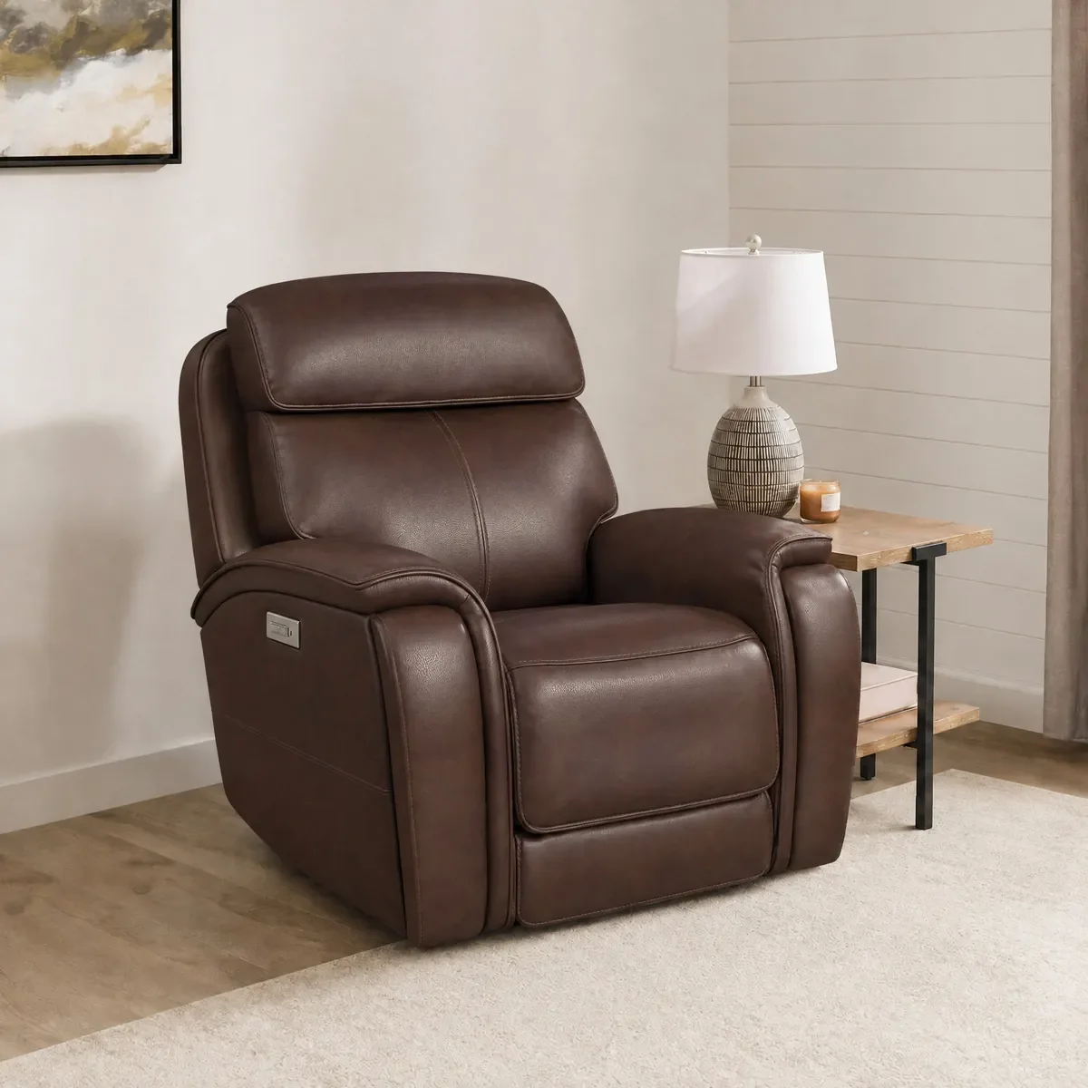 Walker Power Gliding Recliner in Cacao leather in a living room
