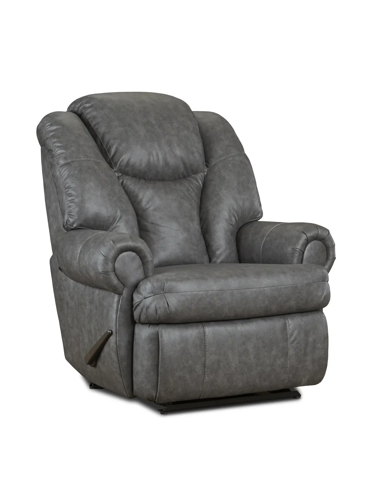 Model 227 Recliner in Charcoal, a medium grey cover, a big-and-tall recliner shown at an angle with the pull handle on the side