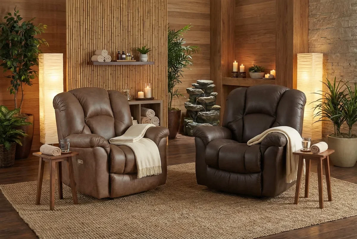 Model 216 power recliners in Almond and Cocoa, each with a cream throw, in a warmly lit room with wood walls and plants