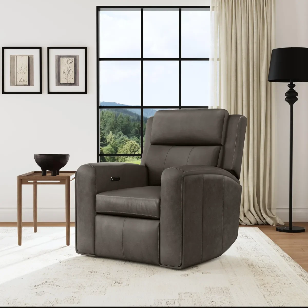 Wyatt Power Recliner in Black/Gray leather in a living room