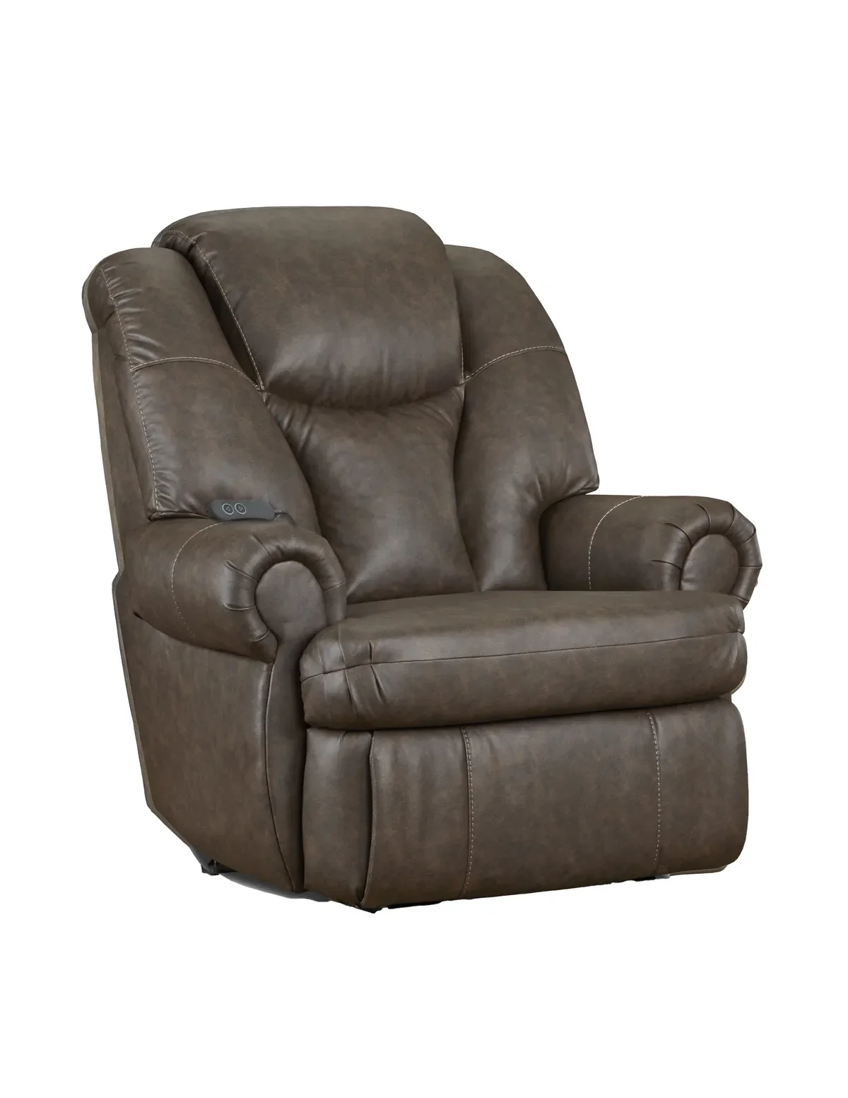 Model 227 Power Recliner in Walnut, a dark brown cover, a big-and-tall recliner shown at an angle with the hand control on the inside of the arm