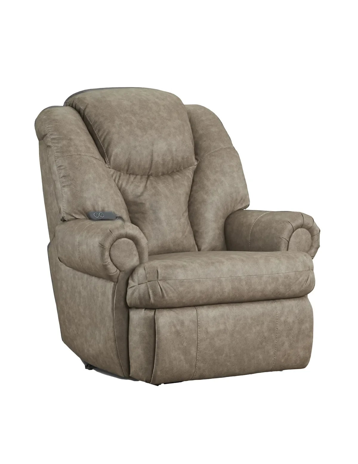 Model 227 Power Recliner in Taupe, a light brownish-grey cover, a big-and-tall recliner shown at an angle with the hand control on the inside of the arm