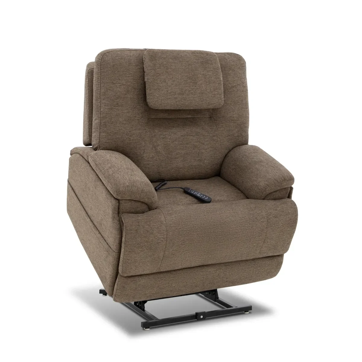 Zecliner Model 4+ in Toast with the power lift raised, tilting the seat forward to help you stand