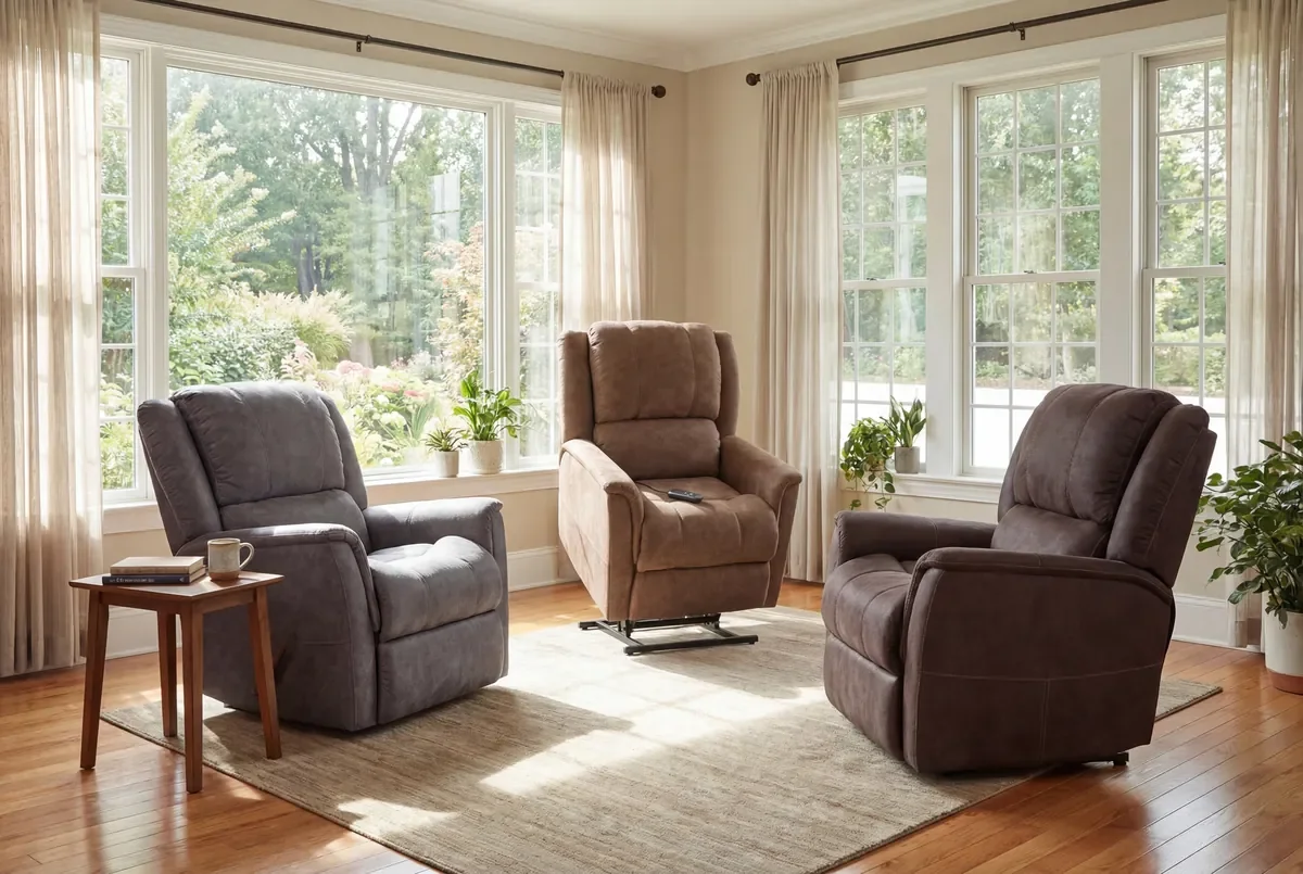 Model 172 recliners in Gunmetal and Carob with the power lift version in Coffee, raised, in a sunny living room with large windows