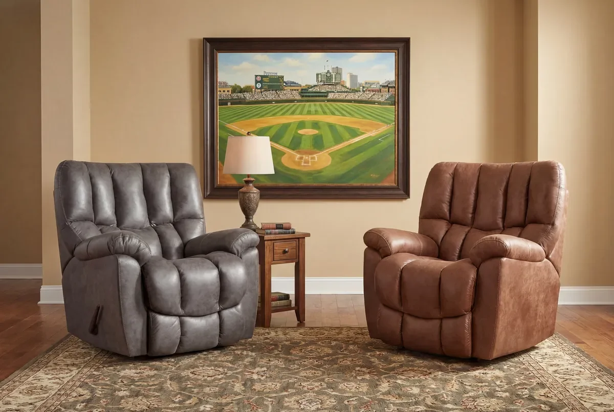 Model 133 recliners in Tar and Elk facing each other in a living room with a wood floor, a patterned rug and a small side table