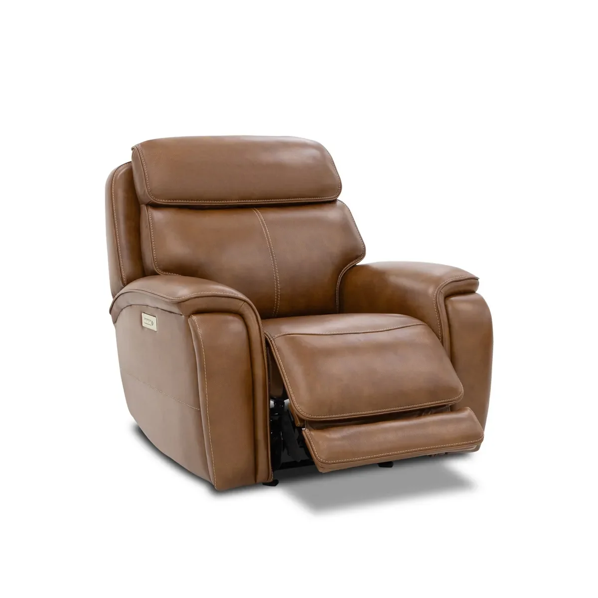 Walker Power Gliding Recliner in Caramel leather, reclined with the footrest out
