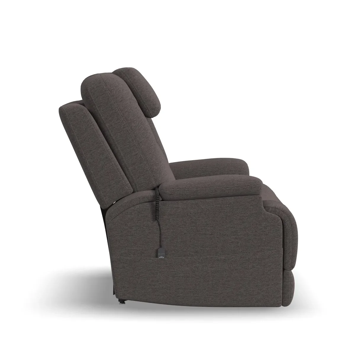 Zecliner Model 4+ in Umber from the side, upright with the headrest raised