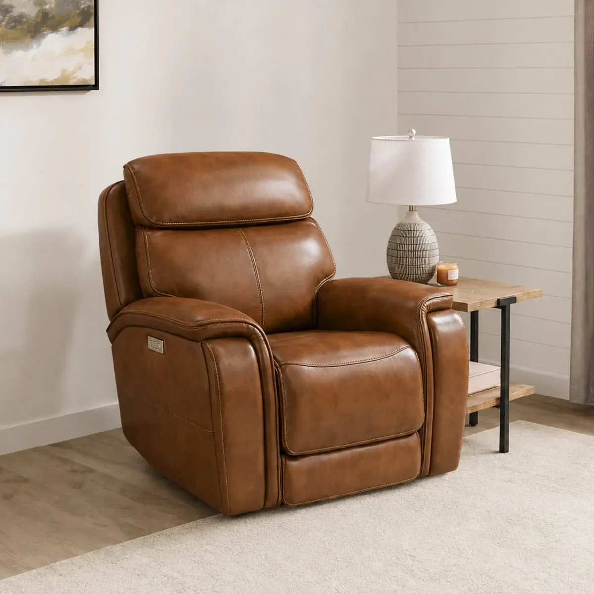 Walker Power Gliding Recliner in Caramel leather in a living room