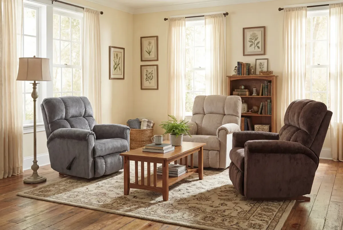 Model 134 recliners in Grey, Sand and Godiva around a wooden coffee table in a bright living room
