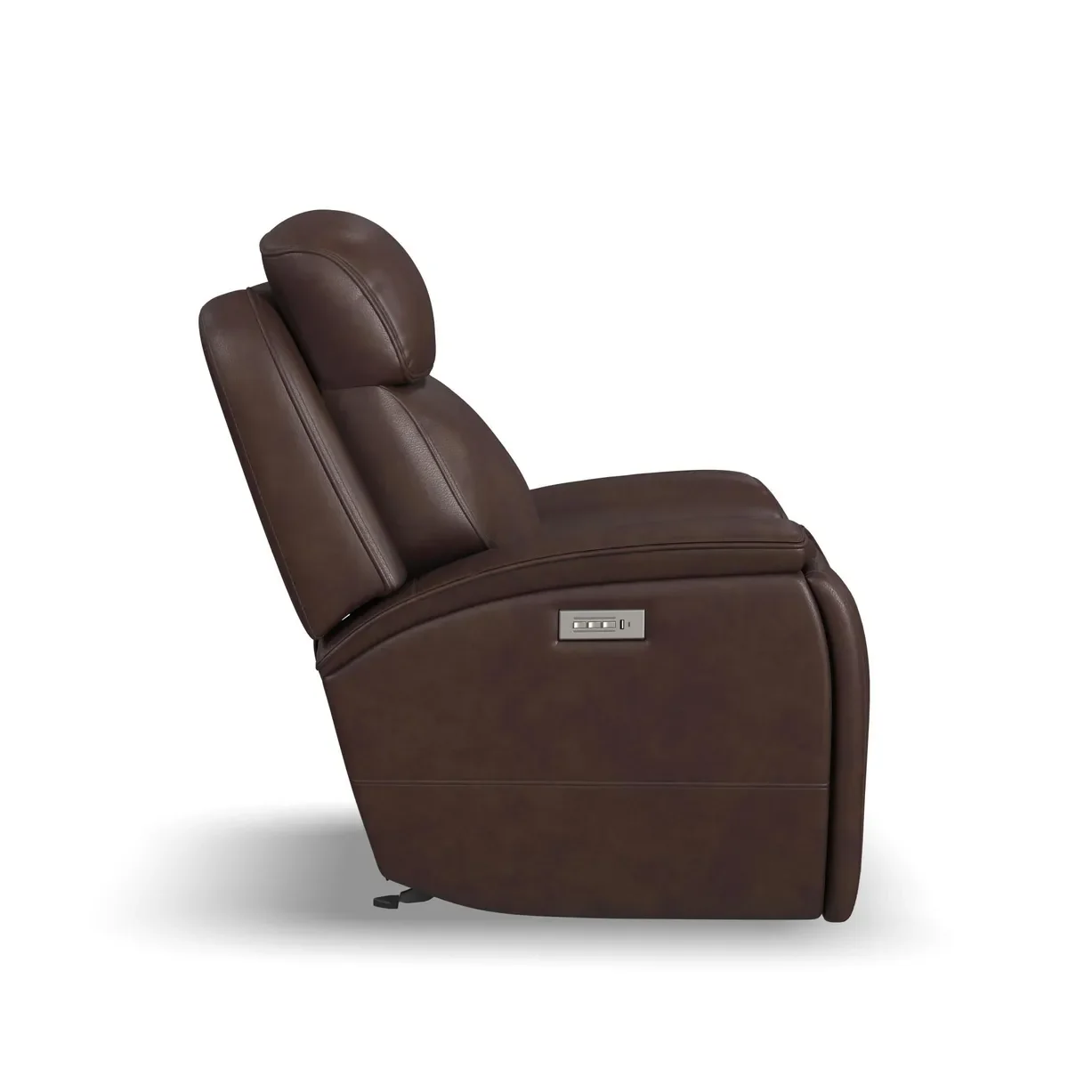 Walker Power Gliding Recliner in Cacao leather from the side, with the power control on the side panel