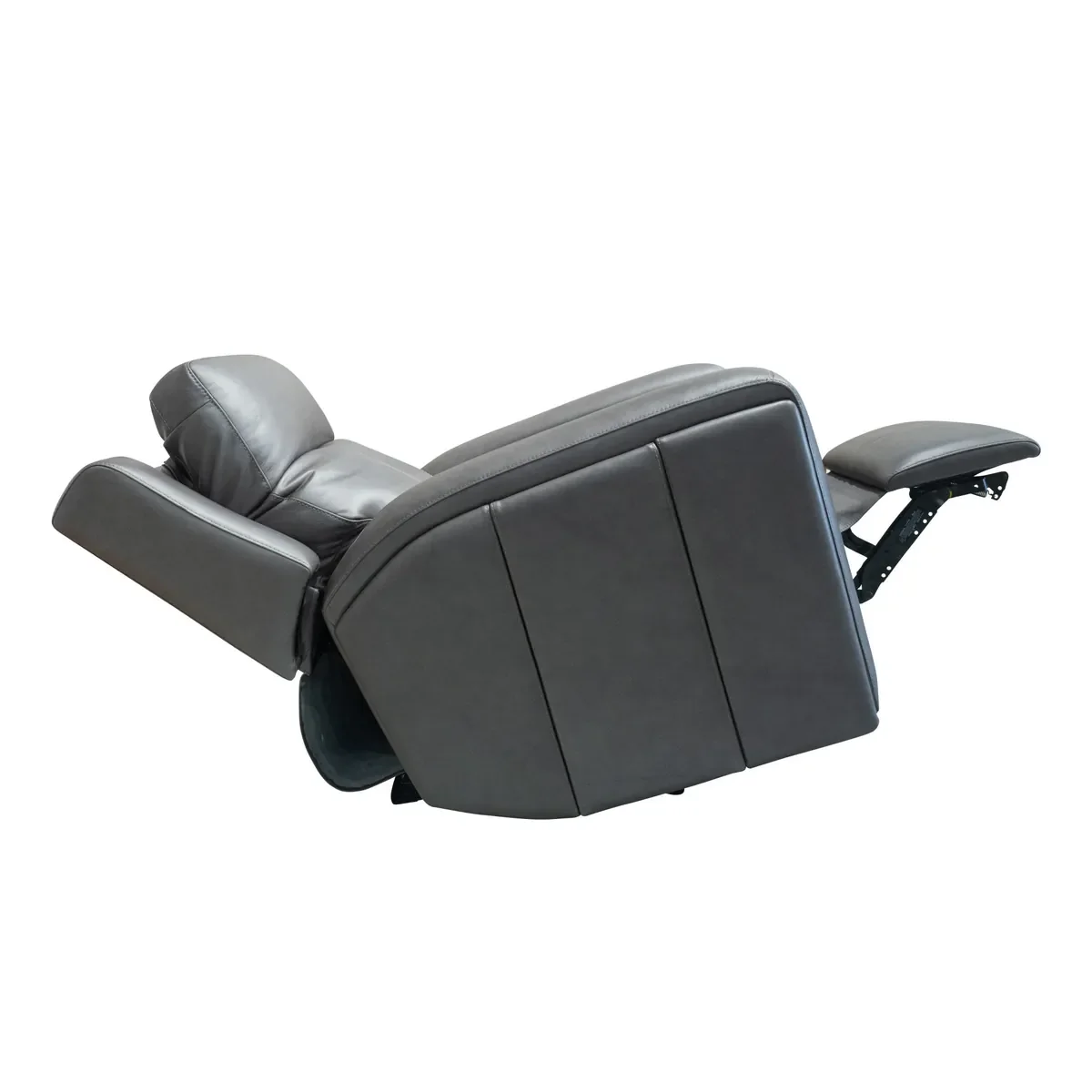 Wyatt Power Recliner in Black/Gray leather from the side, fully reclined