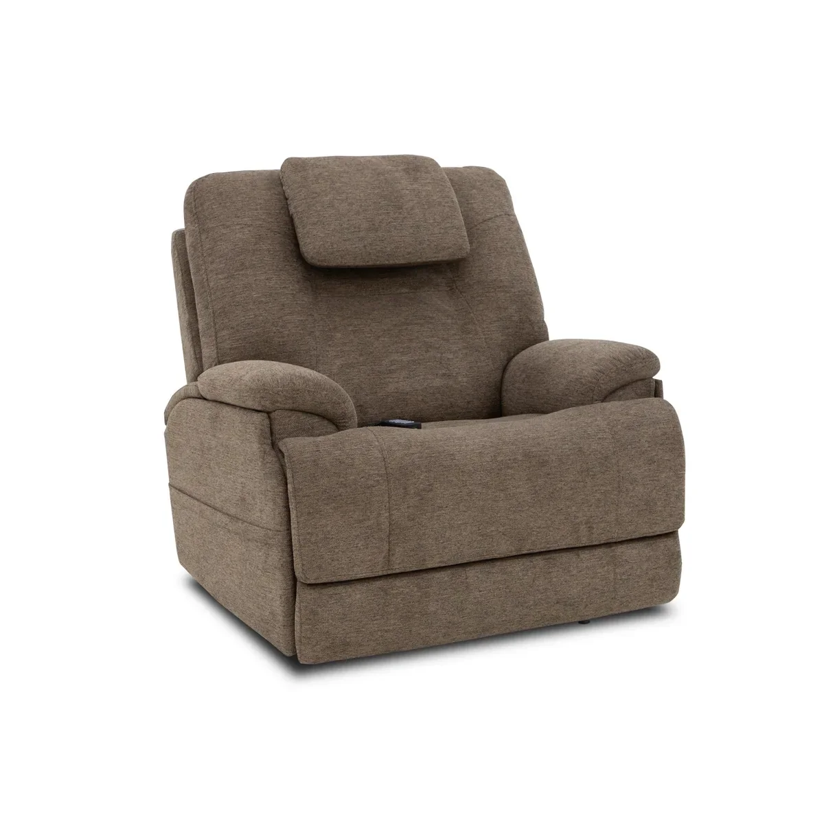 Flexsteel Zecliner Model 4+ power lift recliner in Toast fabric, upright, seen from the front at an angle