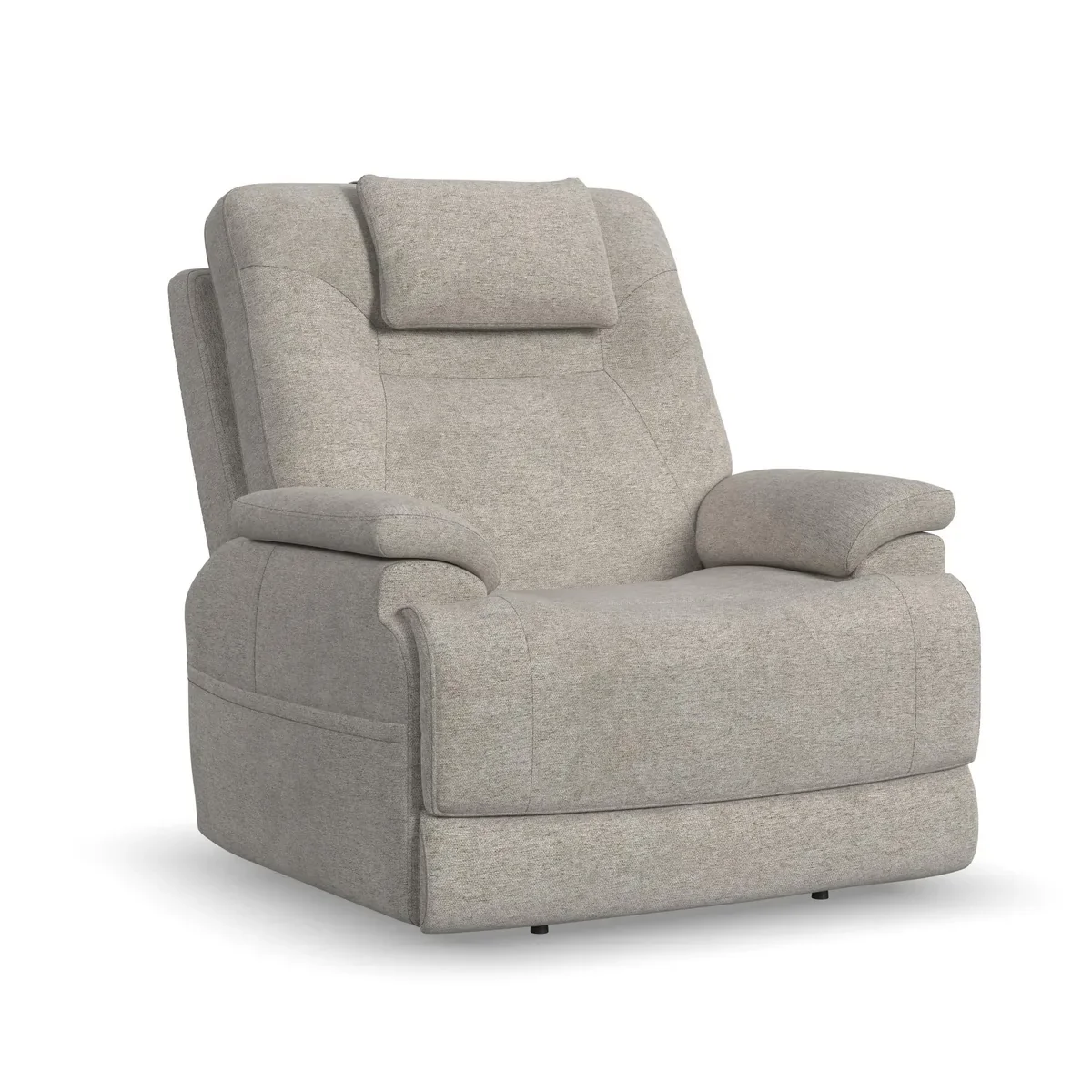 Flexsteel Zecliner Model 2+ power lift recliner in Shell Nanobionic fabric, upright, seen from the front at an angle