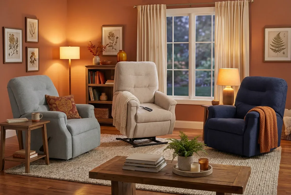 Model 230 recliners in Eucalyptus and Navy with the power lift version in Stone, raised, in a cosy living room with a wooden coffee table
