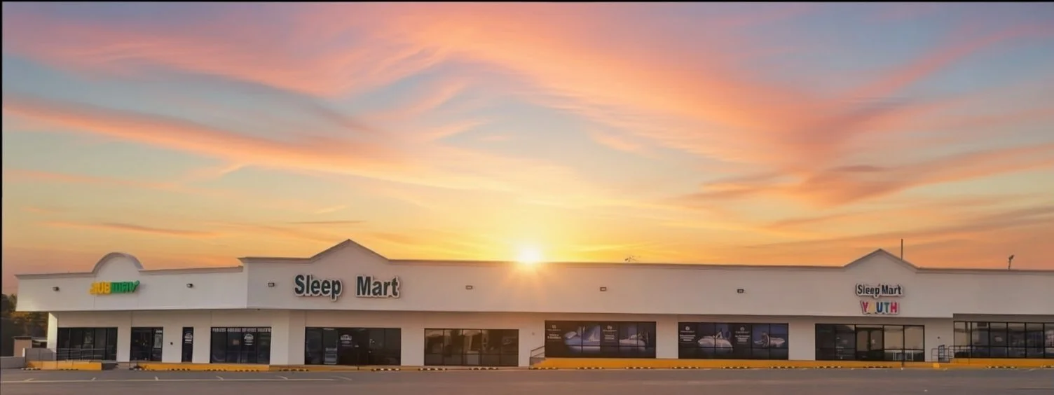 Sleep Mart's freshly painted storefront in Midtown Plaza, Mountain Home, with Subway next door and parking out front