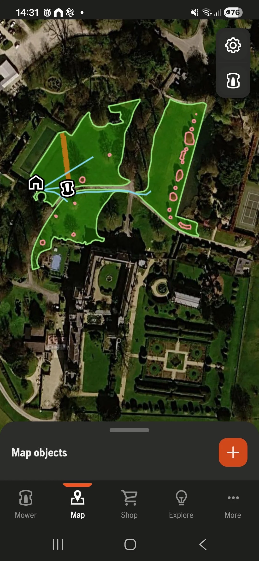 Husqvarna Automower EPOS virtual map example showing wire-free mowing areas