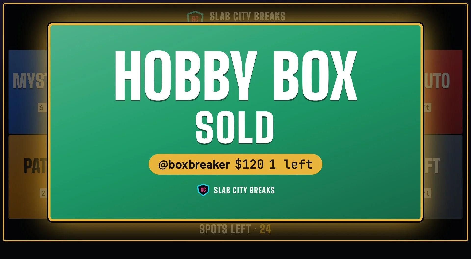 A SOLD card for a Hobby box showing the buyer, price, how many are left and the streamer's own logo