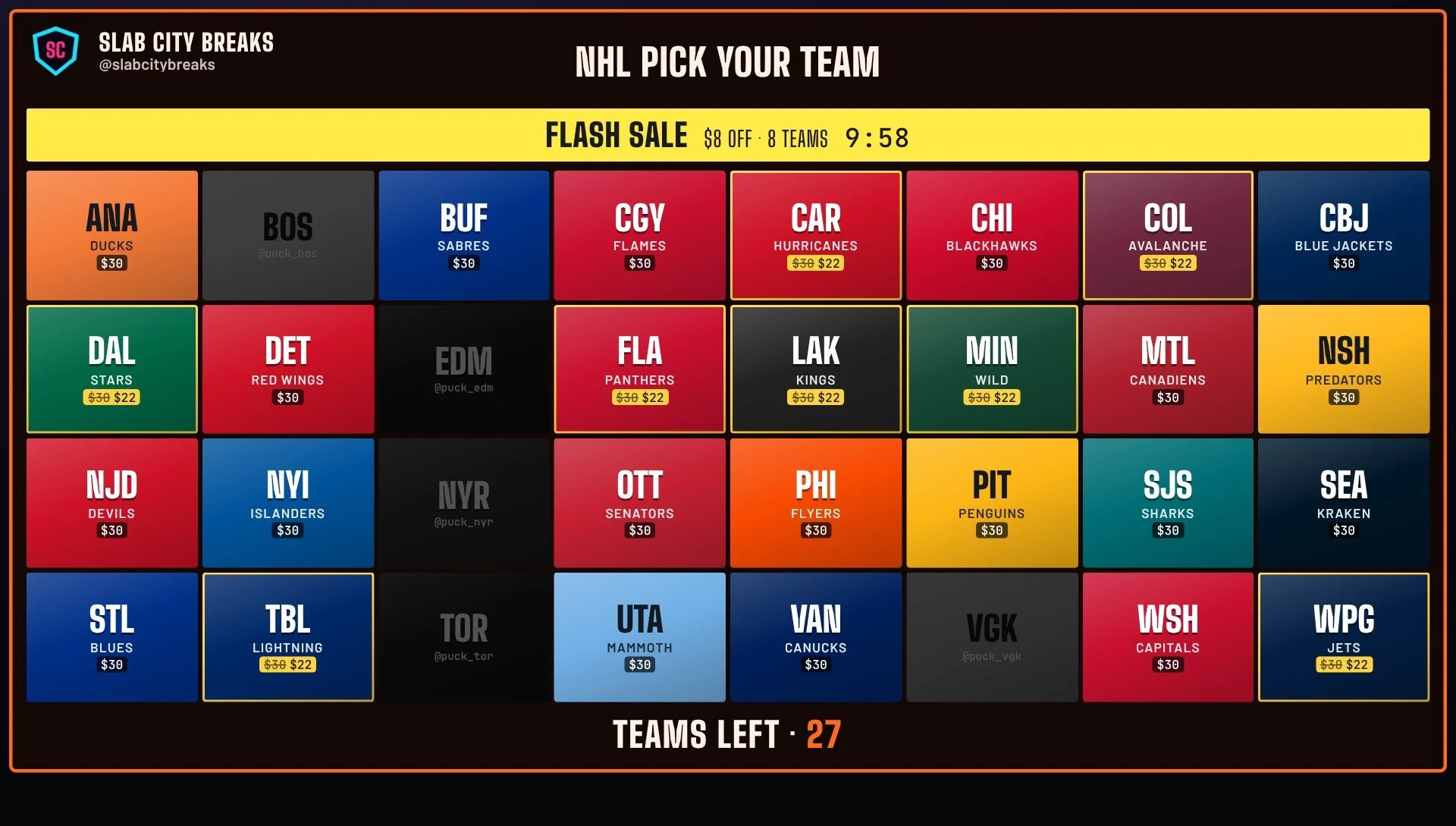 An NHL board with a yellow FLASH SALE banner, a countdown and sale prices on eight teams