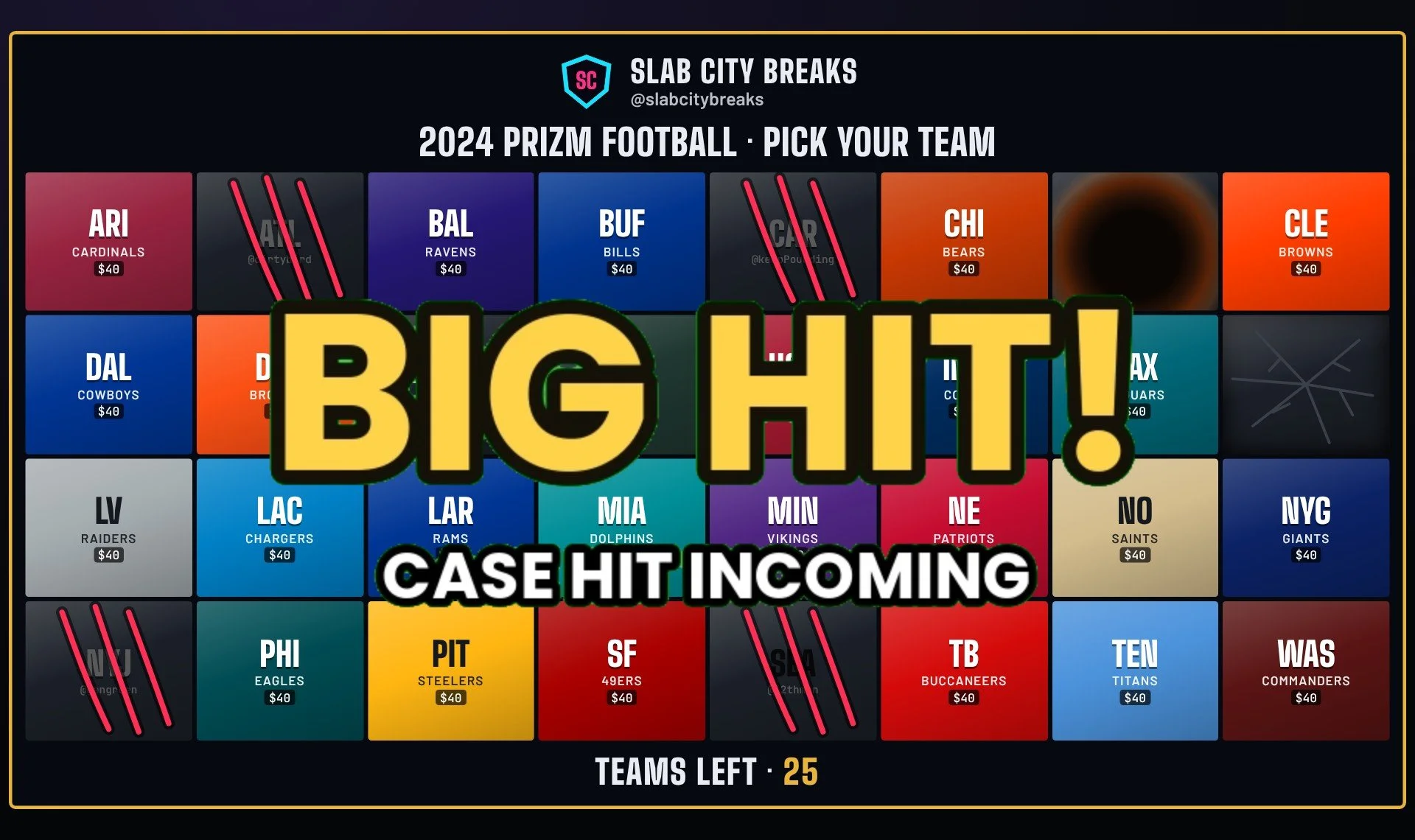 A green-screen BIG HIT clip playing over a pick-your-team board