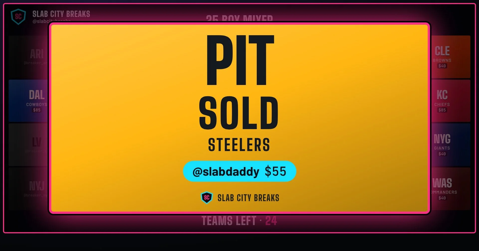 A BreakBoard XStream board on stream with a big gold SOLD card for the Steelers, showing the buyer's username and price