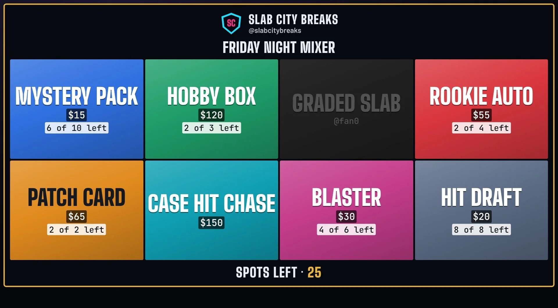 A custom board with spots like Mystery pack and Hobby box, each showing how many are left