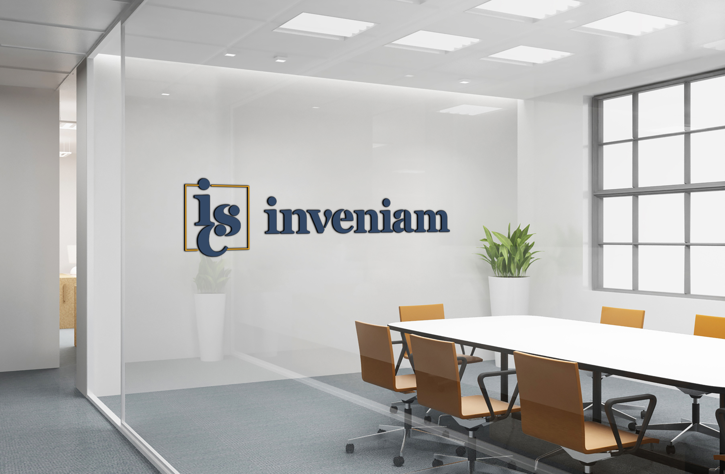Inveniam Search Consultants Inc of Denver NC full branding package design mockup of corporate logo on an office wall designed by Brandelle Designs.