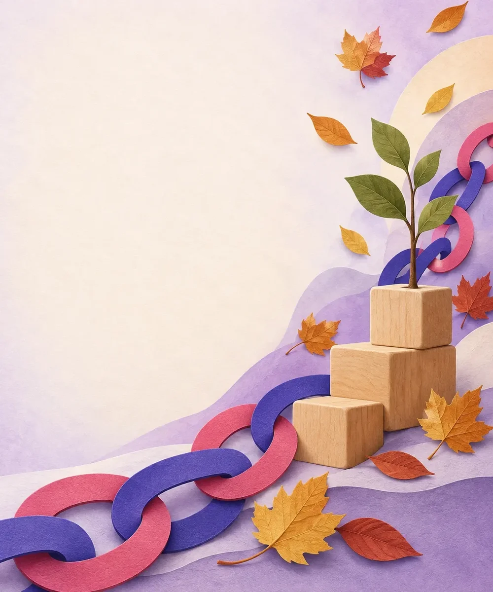 Paper-cut illustration of autumn leaves, linked chain loops and a small plant growing from wooden learning blocks