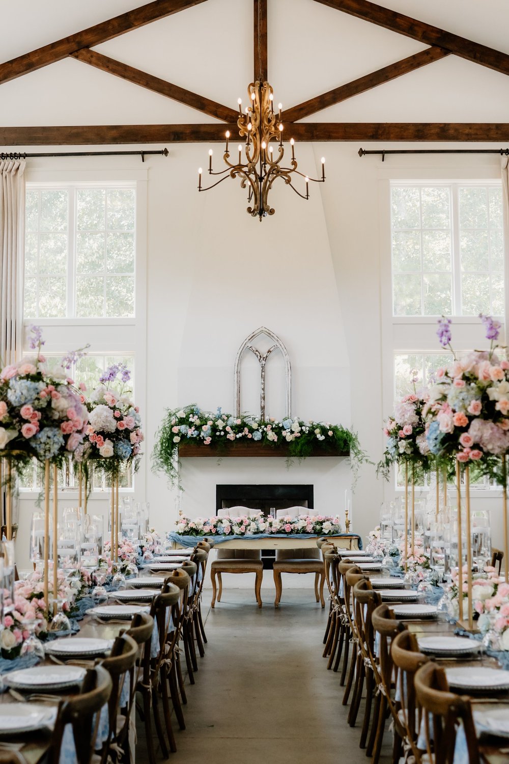 The head table, florals down the length of it