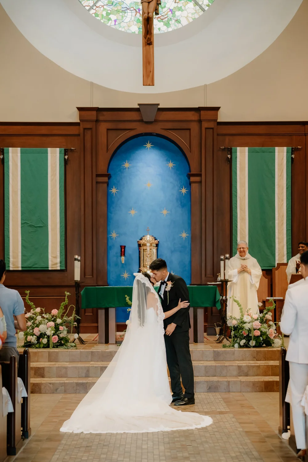 A chapel with a painted blue door