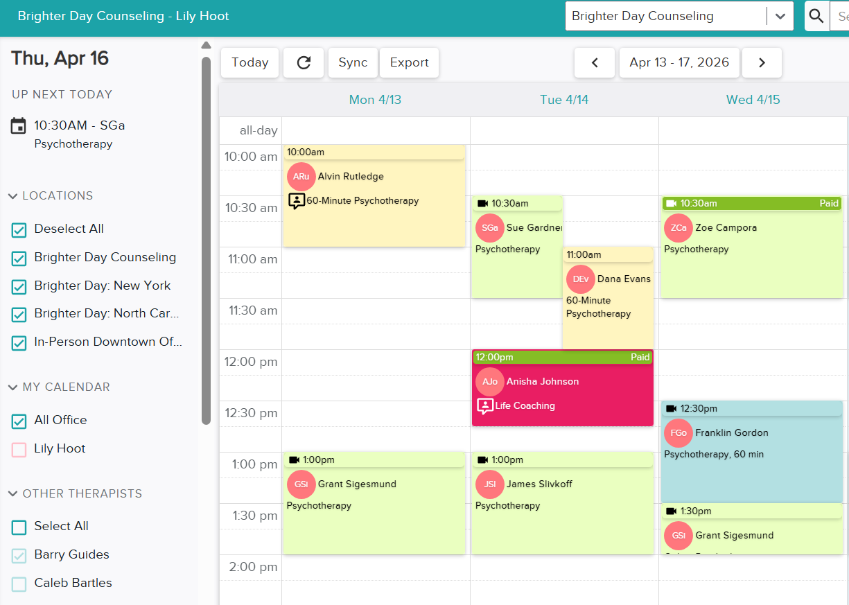 Zencare Practice Management scheduling calendar