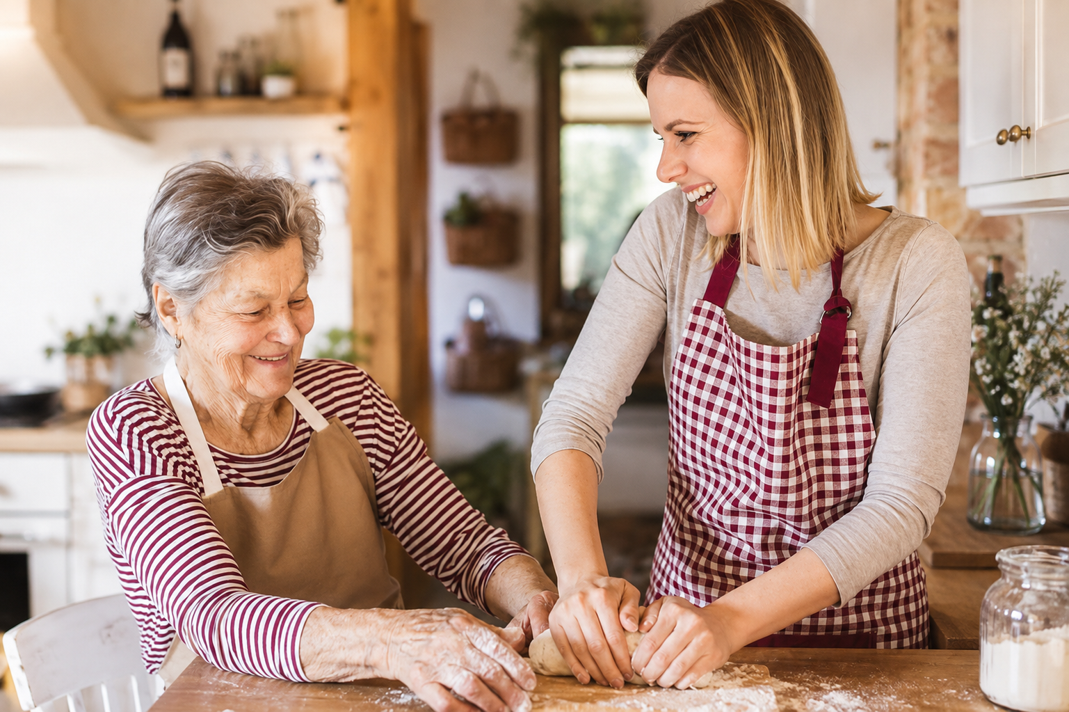 Carer and older woman enjoying baking together at home