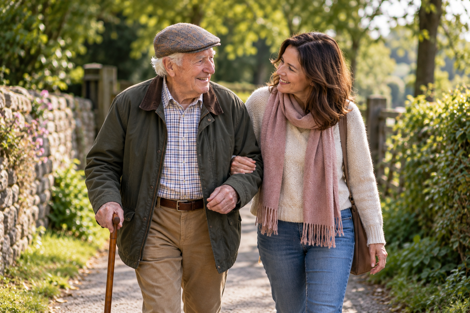 Older man enjoying a walk outdoors with his live-in carer, illustrating companionship and dementia care at home