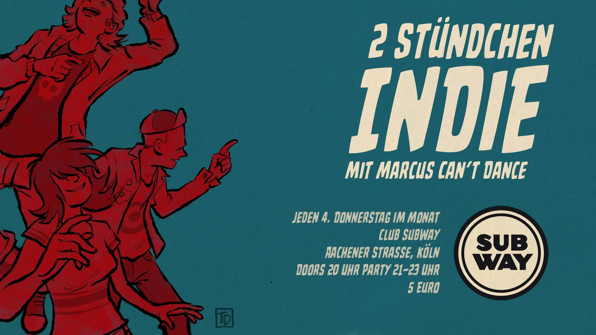 2 Stündchen Indie — Die Indie-Party in Köln mit MARCUS CAN'T DANCE im Club Subway. Illustration von tanzenden Figuren.