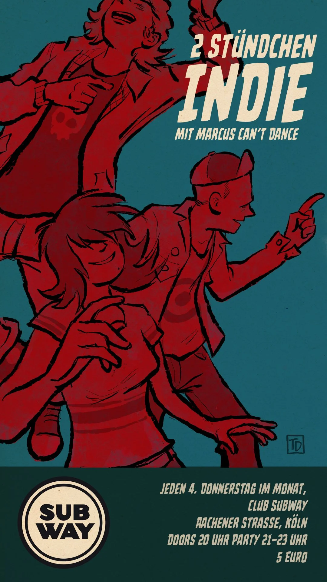 2 Stündchen Indie — Die Indie-Party in Köln mit MARCUS CAN'T DANCE im Club Subway. Illustration von tanzenden Figuren.