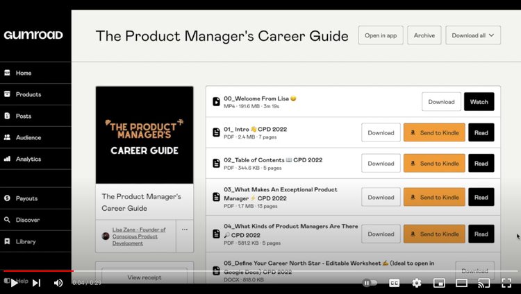 Screenshot of Teaser in YouTube showing the Table of Contents of The Product Manager's Career Guide in Gumroad.