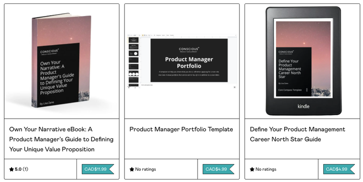 Lisa Zane's Gumroad Storefront showing 3 products: "Own Your Narrative eBook", "Product Manager Portfolio Template", and "Define Your Product Management Career North Star".