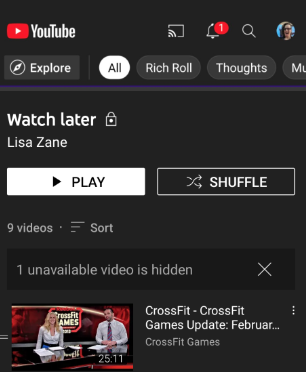 Screenshot of a mock landing page for Youtube showing your saved "Watch later" items instead of suggestions based on an algorithm.